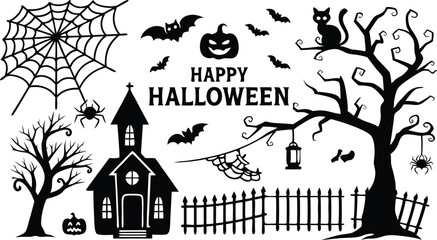 Fototapeta premium Set of Halloween silhouettes black icon and character SVG. Vector illustration with Isolated on white background.