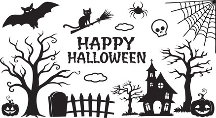 Set of Halloween silhouettes black icon and character SVG. Vector illustration with Isolated on white background.