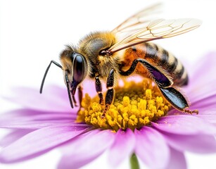 Close-Up of a Honeybee Pollinating a Bright Purple Flower with Detailed Features and Vivid Colors in Natural Light Setting