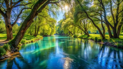 Serene River Scene Lush Green Trees Arching Over Tranquil Waters, Sunlight Filtering Through Canopy