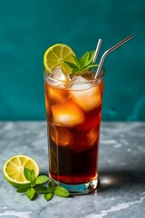 Fototapeta premium Refreshing Iced Cola with Lime and Mint – Chilled Summer Beverage in a Tall Glass with Metal Straw
