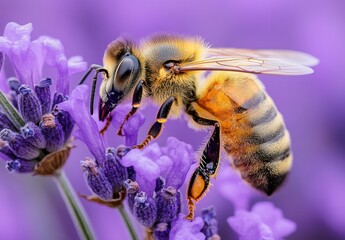 Close-Up of a Honeybee Pollinating a Lavender Flower in a Vibrant Purple Environment, Showing Detailed Features and Nature's Beauty