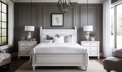 Elegant white bedroom with gray walls,  post bed, nightstands, and large windows.
