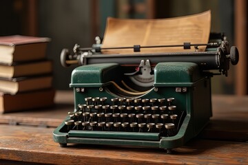 Vintage Teal Green Typewriter on Wooden Desk with Books