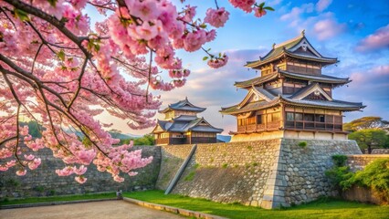 Fototapeta premium Serene Sunset View of Ancient Asian Architecture Framed by Blossoming Cherry Trees
