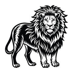 Majestic Lion silhouette vector Illustration in Bold Black and White with a white background, in a round shape.