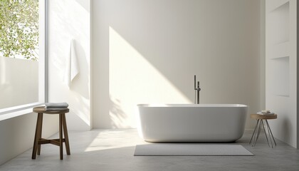 Elegant spa-inspired bathroom with a sleek white bathtub, concrete flooring, and natural light creating a serene and relaxing atmosphere
