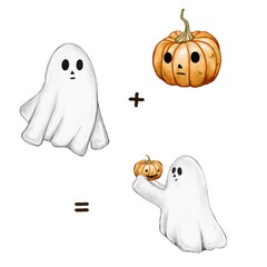 Cute halloween pumpkin and ghost on white background 
