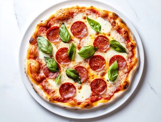 Pepperoni pizza topped with melted mozzarella, fresh basil leaves, sitting on white plate against marble surface