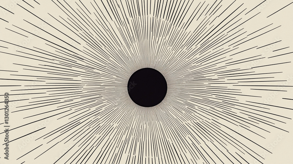 Poster abstract illustration featuring a black circle at the center with radiating lines extending outward,