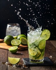 Fototapeta premium Refreshing Lime Cocktail: A Perfect Blend of Ice, Lime Slices, and Splashing Beverage for a Summer Delight