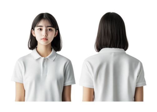 White polo shirt showcased from front and back on a model with straight black hair for fashion design purposes, cut out