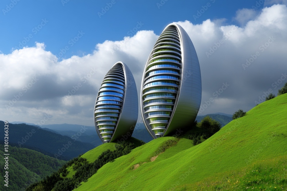 Poster A futuristic city built with advanced anti-landslide technology, using force fields to stabilize mountains