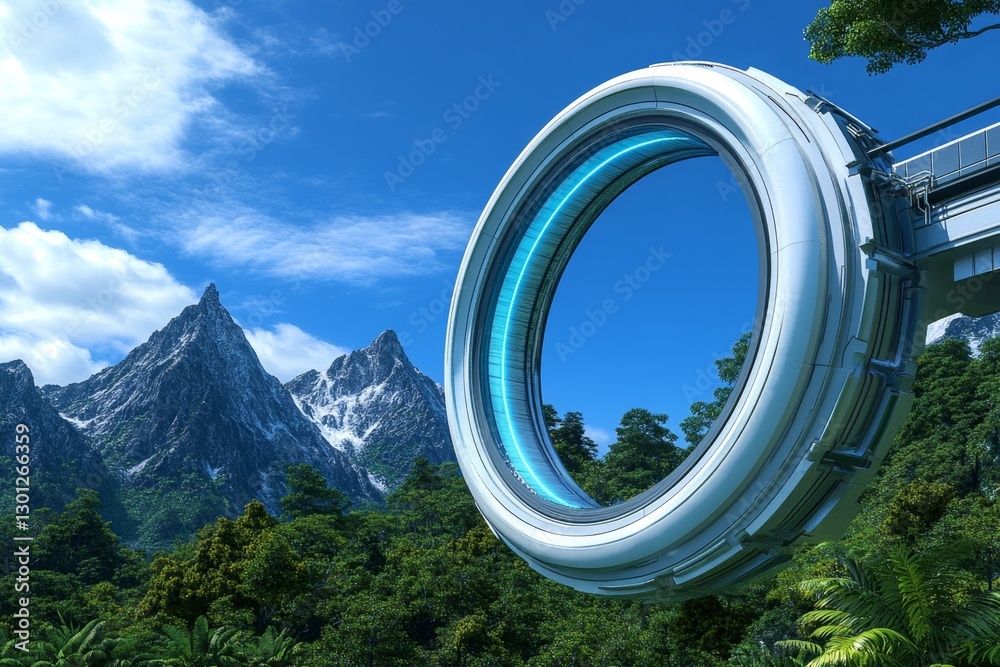 Poster A futuristic city built with advanced anti-landslide technology, using force fields to stabilize mountains