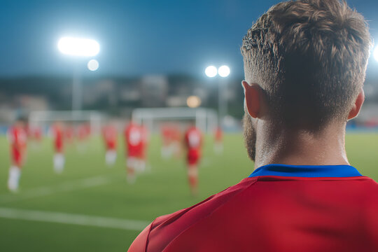 Athlete watches game. The players' commitment is evident on the sports field. Stadium lights shine down as they focus on excelling on the pitch. - Powered by Adobe