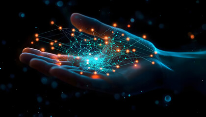 Hand holding a network of data connections representing technological progress and digital innovation