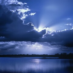 A bright moonlight beam piercing through the clouds, illuminating a tranquil lake with crystal reflections ar 16:9 v 6.1 q 2
