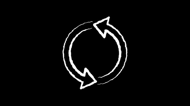 Hand drawn restore icon or refresh icon loop animation sketch doodle style recycle icon 4k animation on black background
