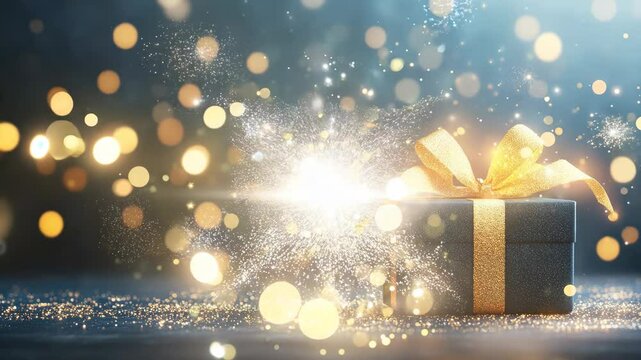 Unveiling Surprise: An illuminated gift box, its lid slightly ajar, releases a burst of sparkling lights and golden ribbon, evoking a sense of wonder and anticipation. 