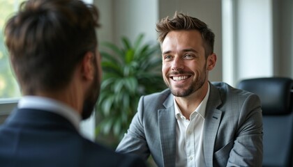 Man smiling in a job interview, sitting confidently across from the interviewer in an office room