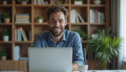 Man in video job interview with an expression of engagement sitting in front of a laptop at home workspace