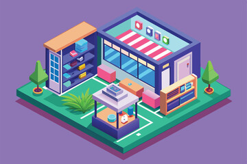 This illustration features a vibrant optical shop with contemporary design, showcasing various eyewear displays, Optical shop Customizable Isometric Illustration