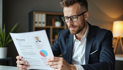 HR manager holding and reading a resume with an expression of evaluation at a modern desk