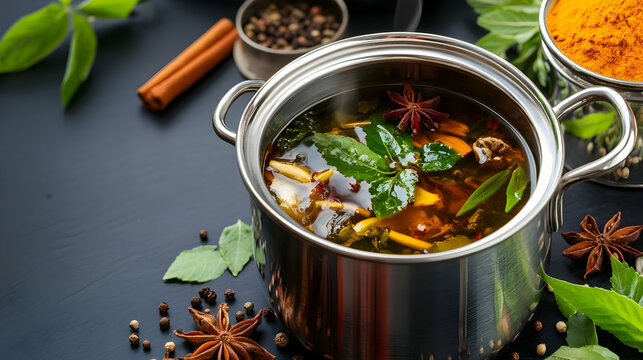 Naklejki Freshly boiled kadha (herbal decoction) with fresh ingredients in a stainless steel pot surrounded by ayurvedic spices and herbs.