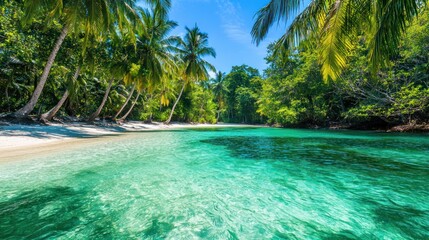 Serene Tropical Paradise: Crystal Clear Waters and Lush Palms