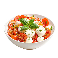 a white bowl filled with a Caprese salad consisting of sliced tomatoes, whole mozzarella cheese balls, and fresh basil leaves, garnished with chopped herbs. 