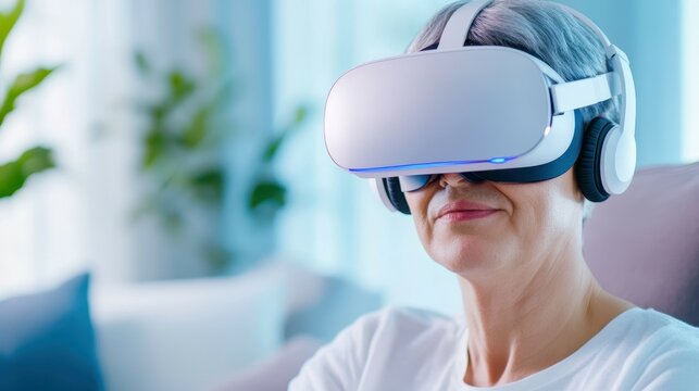 VR Exploration: A senior woman wearing a VR headset and headphones is fully immersed in a virtual world, embodying the intersection of technology and modern living. 