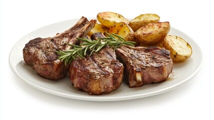 plate of tender lamb chops with rosemary garnish, roasted potatoes on the side, fine dining restaurant atmosphere
