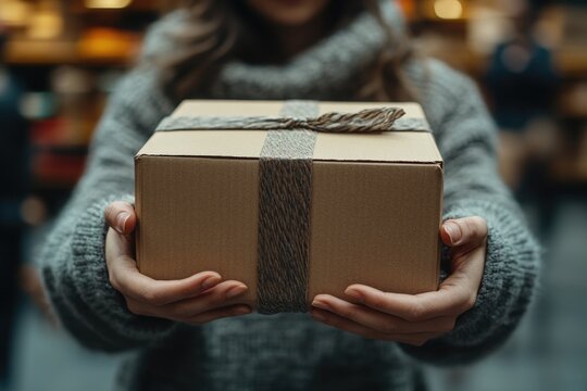 A woman holds a package wrapped in brown paper and string