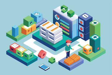 Fototapeta premium A user interacts with a customizable interface, placing an order ahead in a vibrant isometric setting, Order ahead Customizable Isometric Illustration