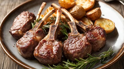 plate of tender lamb chops with rosemary garnish, roasted potatoes on the side, fine dining restaurant atmosphere