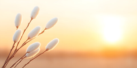 Delicate, fluffy catkins glow against a soft, orange sunset, symbolizing nature's gentle beauty and the promise of spring's arrival in a tranquil landscape.
