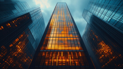 Illuminated glass facades of towering skyscrapers capture the warm glow of sunset, creating a mesmerizing contrast against the moody blue evening sky. Urban architecture stands tall
