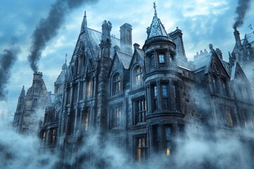 Fototapeta premium A gothic city engulfed in thick exhaust fumes, where streetlights barely shine through the smog