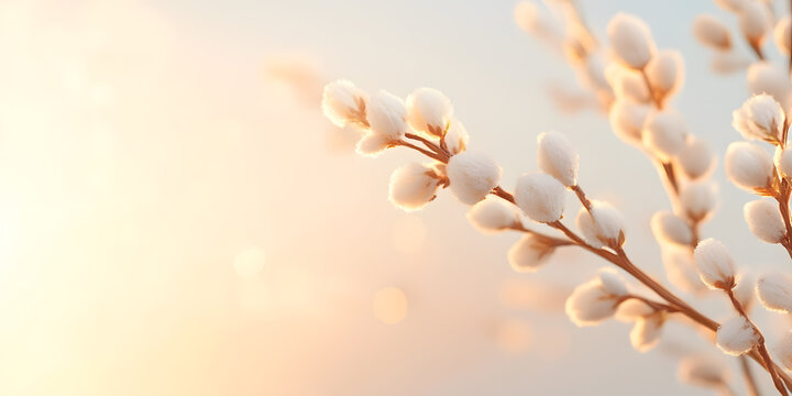 Soft focus image of pussy willow branches with fluffy buds illuminated by warm light, symbolizing spring's gentle arrival.
