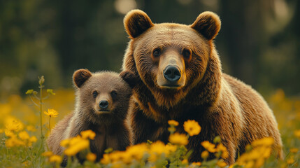 Fototapeta premium In a lush meadow adorned with colorful wildflowers, a mother bear stands protectively beside her curious cub. The warm afternoon sun casts a gentle glow on their fur, creating a peaceful atmosphere