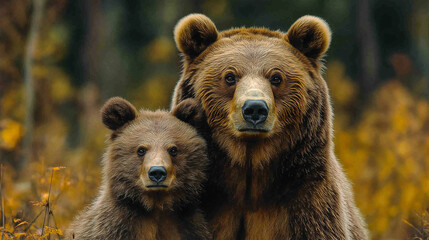 Fototapeta premium In a serene forest blanketed by autumn leaves, a mother bear stands protectively beside her curious cub, both gazing peacefully at their surroundings, embodying the bond of family