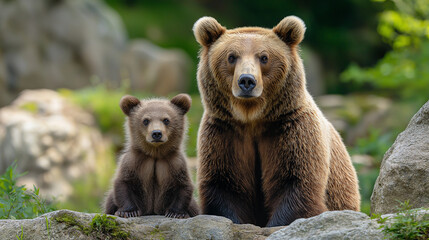 Obraz premium A majestic brown bear and its playful cub sit peacefully on rocks, surrounded by lush greenery. The warm sunlight creates a soothing atmosphere, highlighting their bond and the beauty of nature