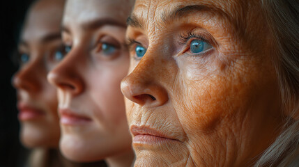 Three women of different ages share an intimate moment, their striking blue eyes reflecting life experiences while illuminated by soft, natural light