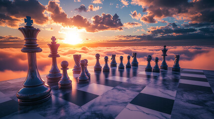 A chessboard with metallic chess pieces set against a dramatic sunset above the clouds, symbolizing strategy, power, and the surreal beauty of a game played in the sky.