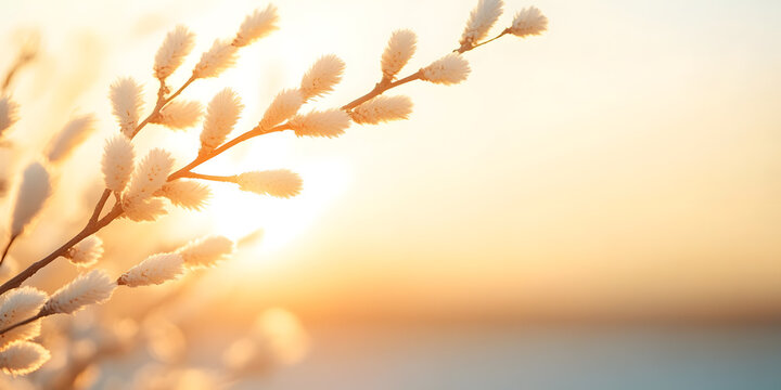 Delicate pussy willow branches against a soft, warm sunrise. A tranquil scene of early spring with a gentle, hopeful atmosphere.