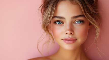 Naklejka premium A young woman gazes directly at the viewer, her bright blue eyes radiating warmth and confidence. The smooth, soft pink background creates a dreamy atmosphere, enhancing her natural beauty