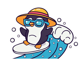 Cute cartoon penguin in hat and sunglasses surfing on surfboard. Vector illustration isolated on white background.