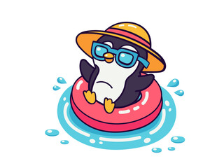 Cute penguin character wearing hat and sunglasses relaxing and swimming on the pink inflatable ring. Vector cartoon illustration isolated on white
