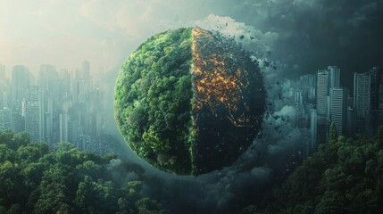 powerful illustration of the Earth, one side lush and green, the other side destroyed by pollution, symbolizing the importance of taking action now