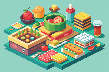 Naklejka premium An engaging isometric design showcases customizable food order options with various dishes and toppings, Order food Customizable Isometric Illustration